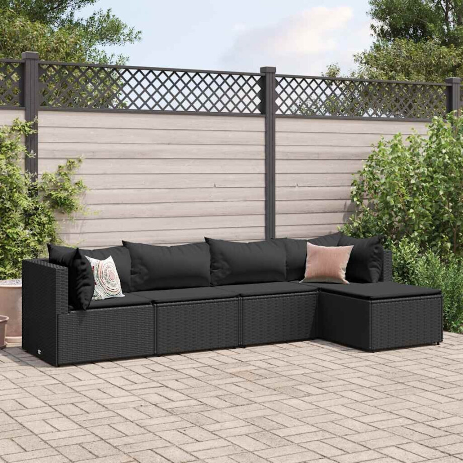 vidaXL 5-delige Loungeset met kussens poly rattan zwart afbeelding 1