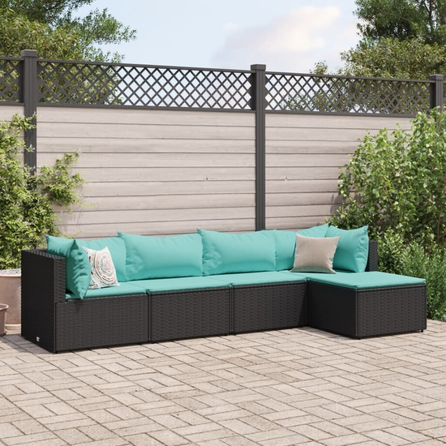 vidaXL 5-delige Loungeset met kussens poly rattan zwart afbeelding 1