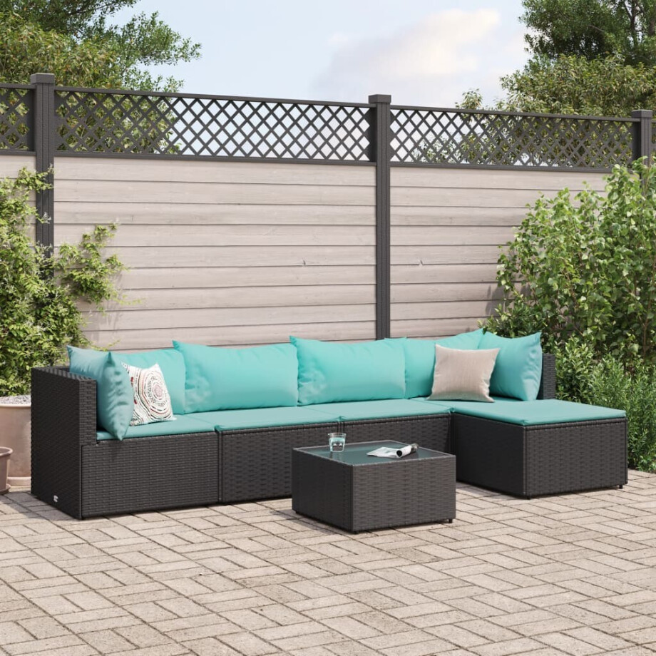 vidaXL 6-delige Loungeset met kussens poly rattan zwart afbeelding 1