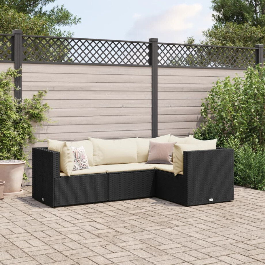 vidaXL 4-delige Loungeset met kussens poly rattan zwart vidaXL 4-delige Loungeset met kussens poly rattan zwart afbeelding 1