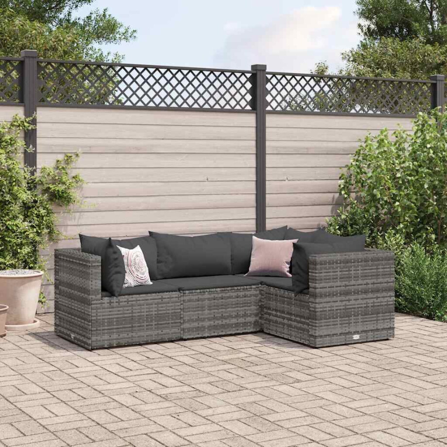 vidaXL 4-delige Loungeset met kussens poly rattan grijs vidaXL 4-delige Loungeset met kussens poly rattan grijs afbeelding 1
