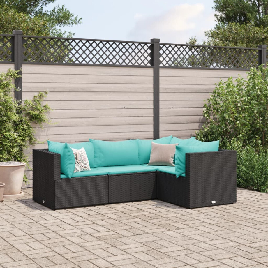 vidaXL 4-delige Loungeset met kussens poly rattan zwart vidaXL 4-delige Loungeset met kussens poly rattan zwart afbeelding 1