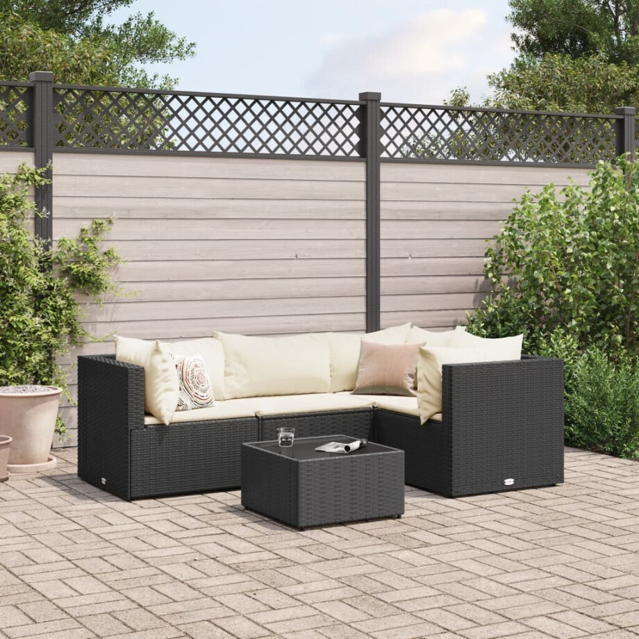 vidaXL 5-delige Loungeset met kussens poly rattan zwart afbeelding 1