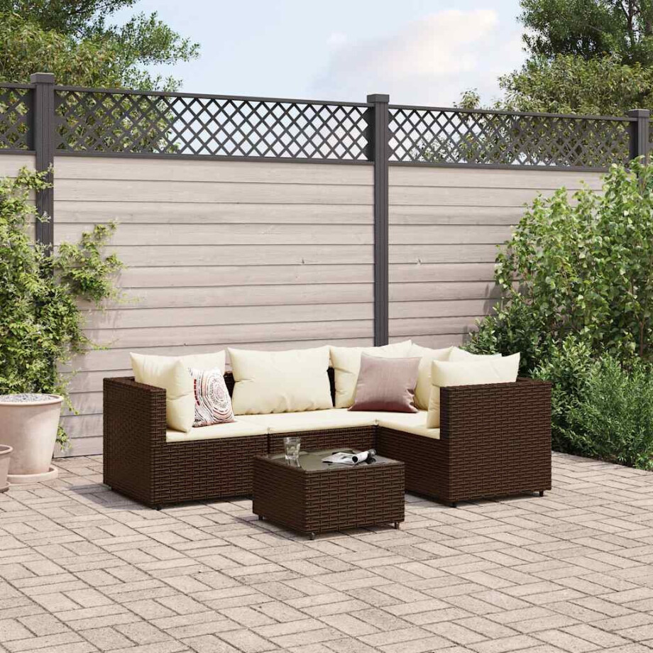 vidaXL 5-delige Loungeset met kussens poly rattan bruin vidaXL 5-delige Loungeset met kussens poly rattan bruin afbeelding 1