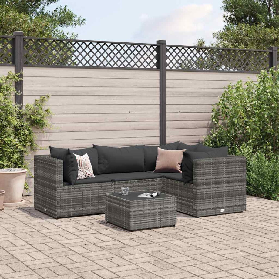 vidaXL 5-delige Loungeset met kussens poly rattan grijs afbeelding 1