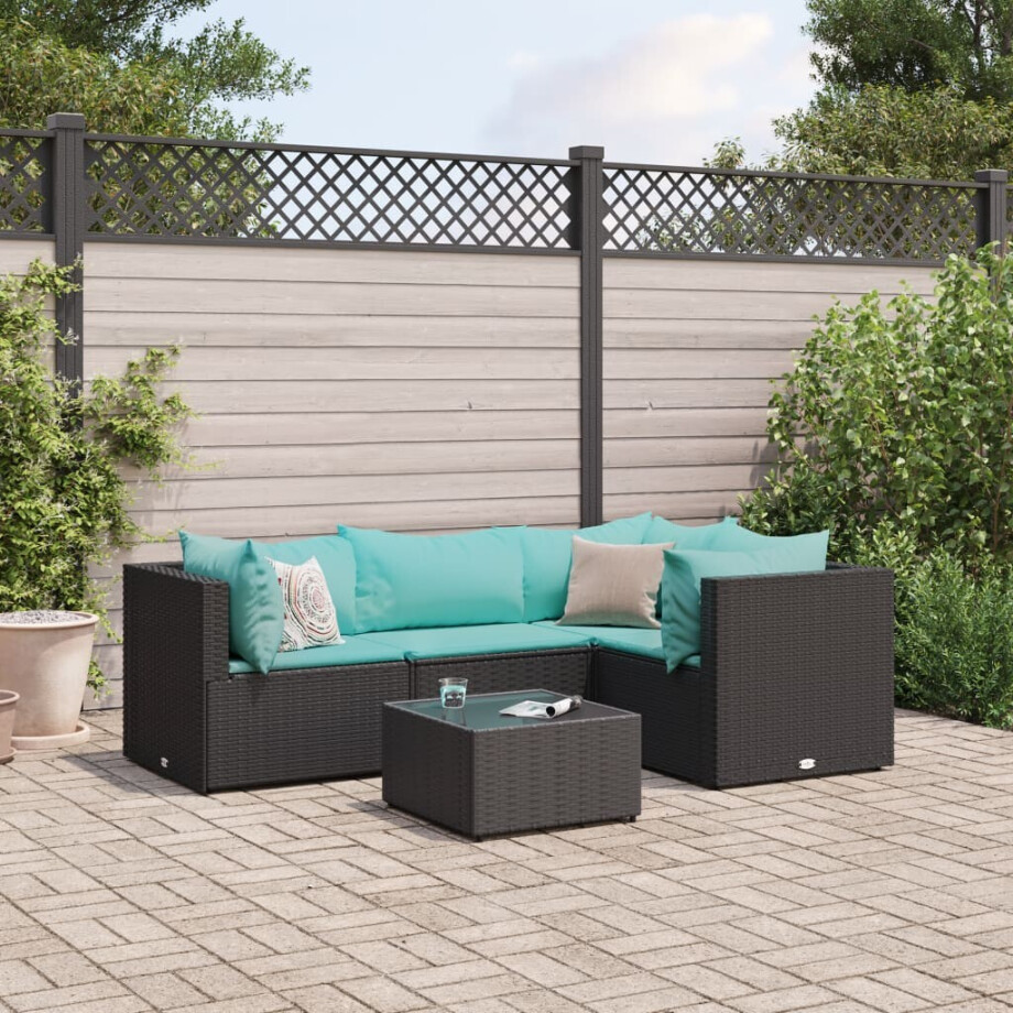 vidaXL 5-delige Loungeset met kussens poly rattan zwart afbeelding 1