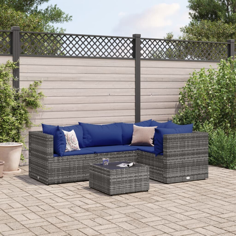 vidaXL 5-delige Loungeset met kussens poly rattan grijs vidaXL 5-delige Loungeset met kussens poly rattan grijs afbeelding 1