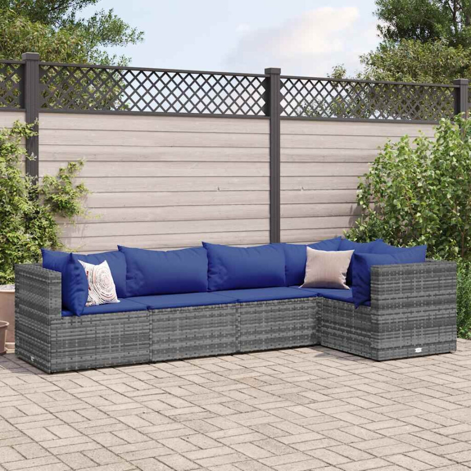 vidaXL 5-delige Loungeset met kussens poly rattan grijs vidaXL 5-delige Loungeset met kussens poly rattan grijs afbeelding 1