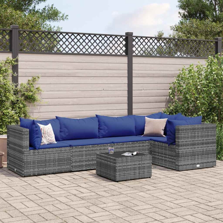 vidaXL 6-delige Loungeset met kussens poly rattan grijs afbeelding 1