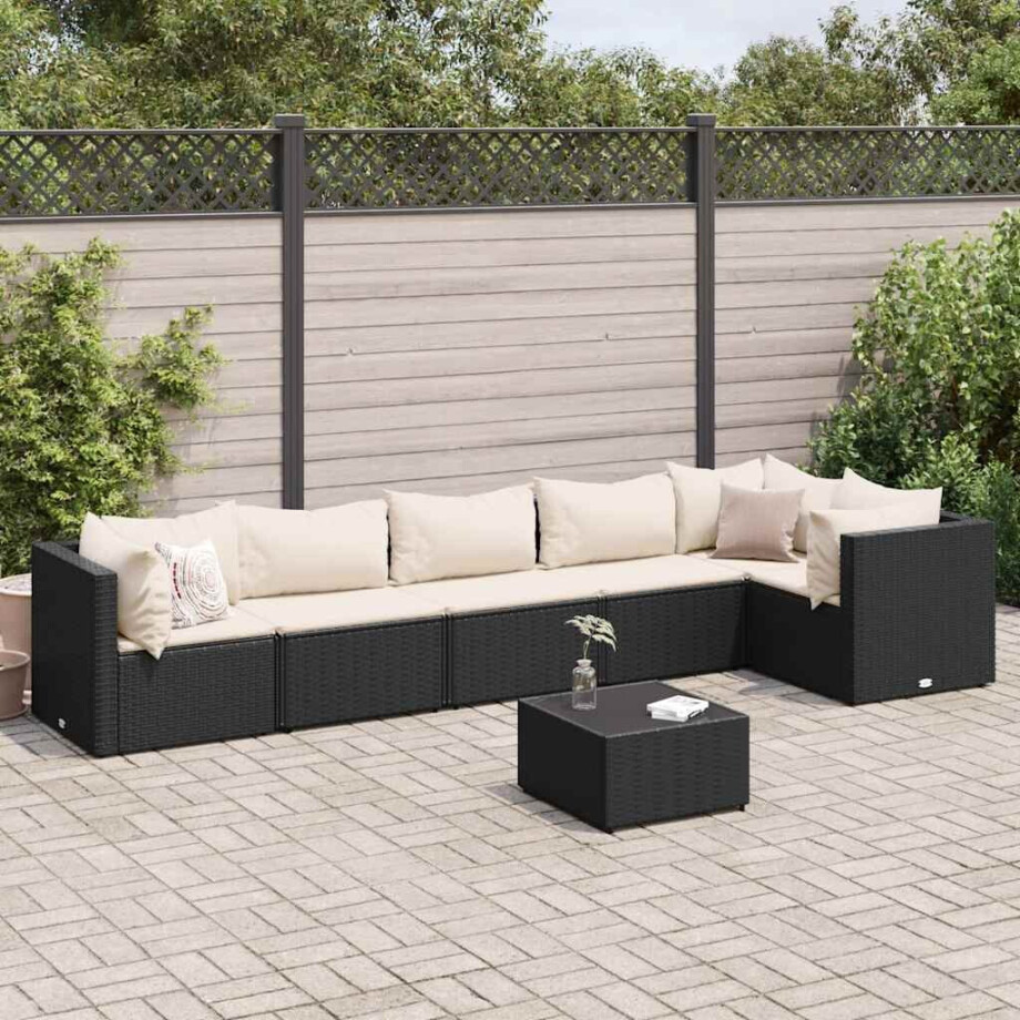 vidaXL 7-delige Loungeset met kussens poly rattan zwart afbeelding 1