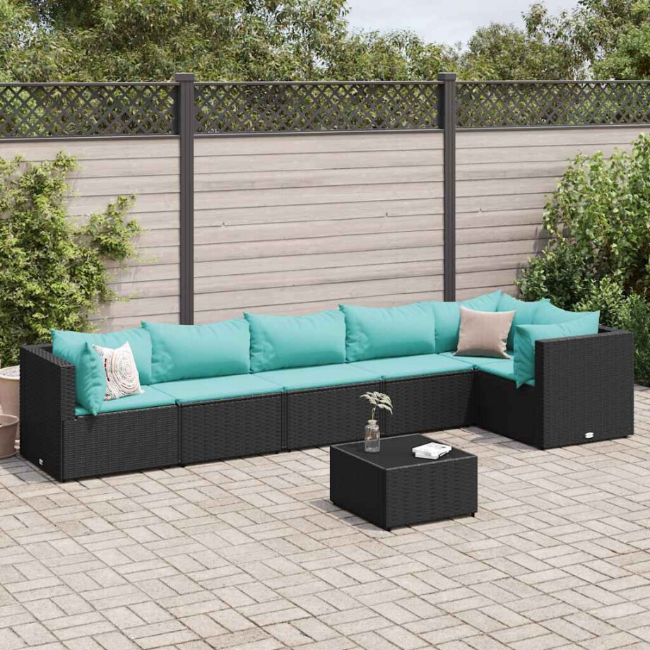 vidaXL 7-delige Loungeset met kussens poly rattan zwart afbeelding 1