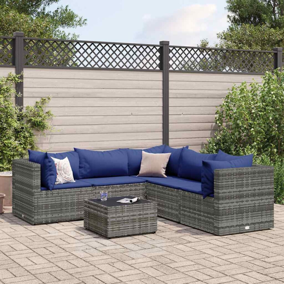 vidaXL 6-delige Loungeset met kussens poly rattan grijs afbeelding 1