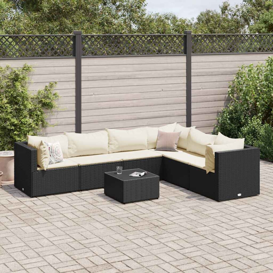 vidaXL 7-delige Loungeset met kussens poly rattan zwart afbeelding 1