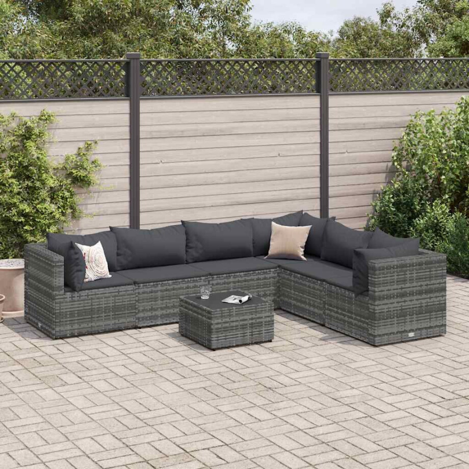 vidaXL 7-delige Loungeset met kussens poly rattan grijs vidaXL 7-delige Loungeset met kussens poly rattan grijs afbeelding 1