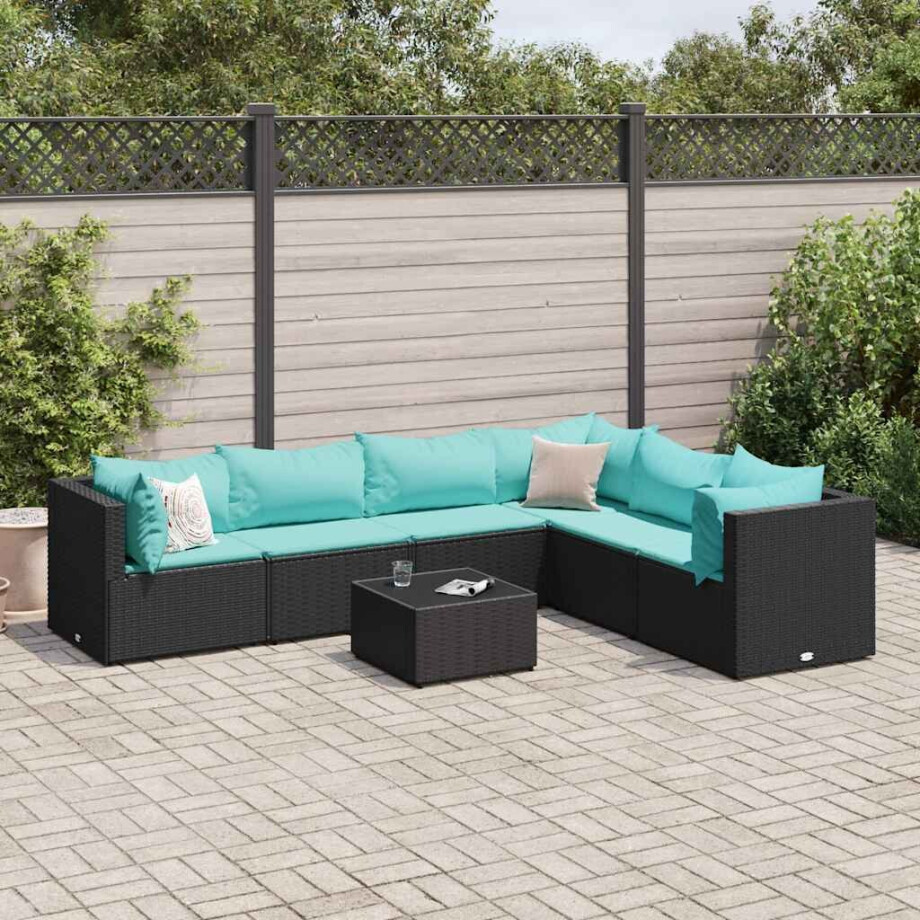 vidaXL 7-delige Loungeset met kussens poly rattan zwart afbeelding 1