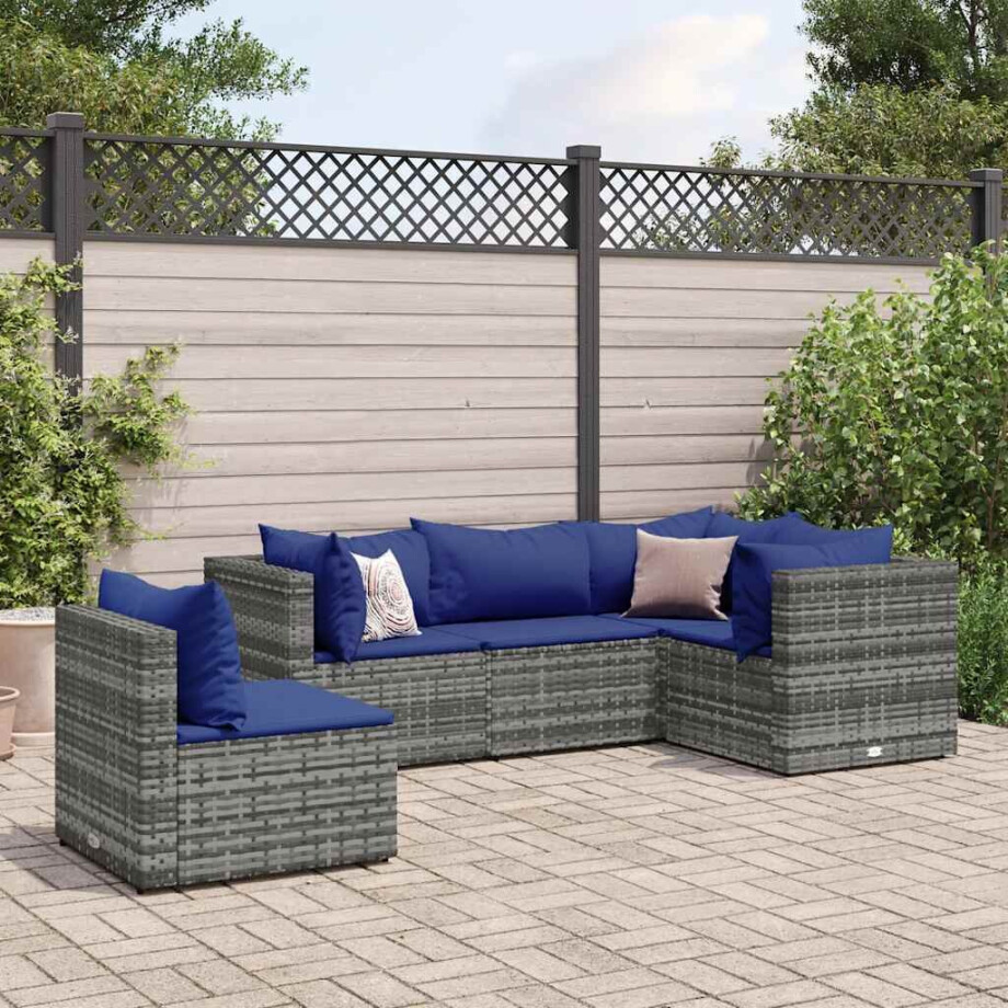 vidaXL 5-delige Loungeset met kussens poly rattan grijs vidaXL 5-delige Loungeset met kussens poly rattan grijs afbeelding 1