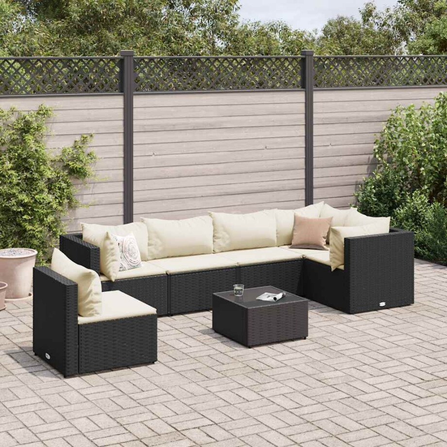 vidaXL 7-delige Loungeset met kussens poly rattan zwart afbeelding 1