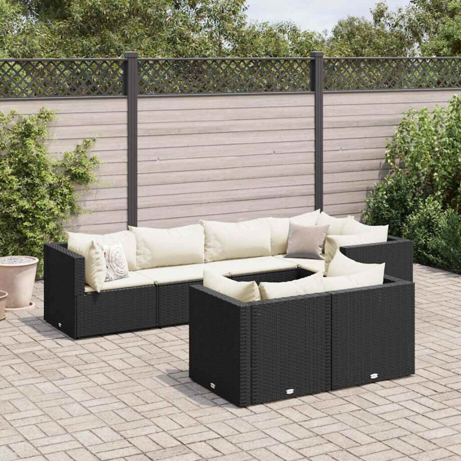 vidaXL 7-delige Loungeset met kussens poly rattan zwart afbeelding 1