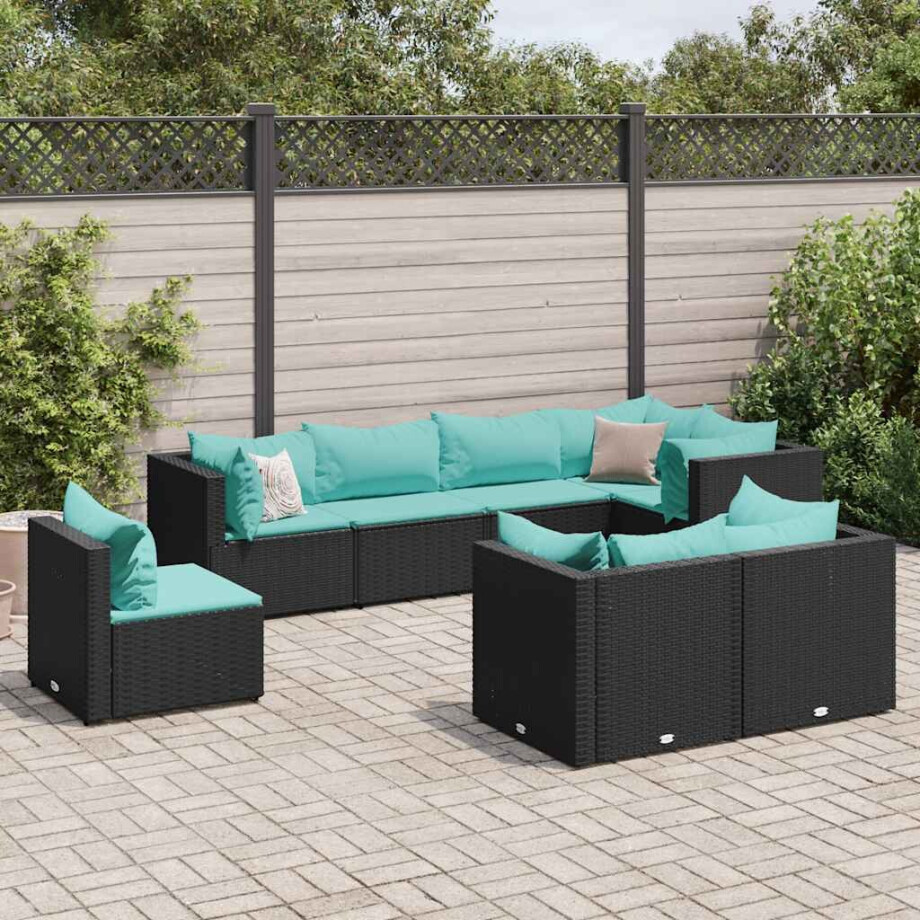 vidaXL 8-delige Loungeset met kussens poly rattan zwart afbeelding 1