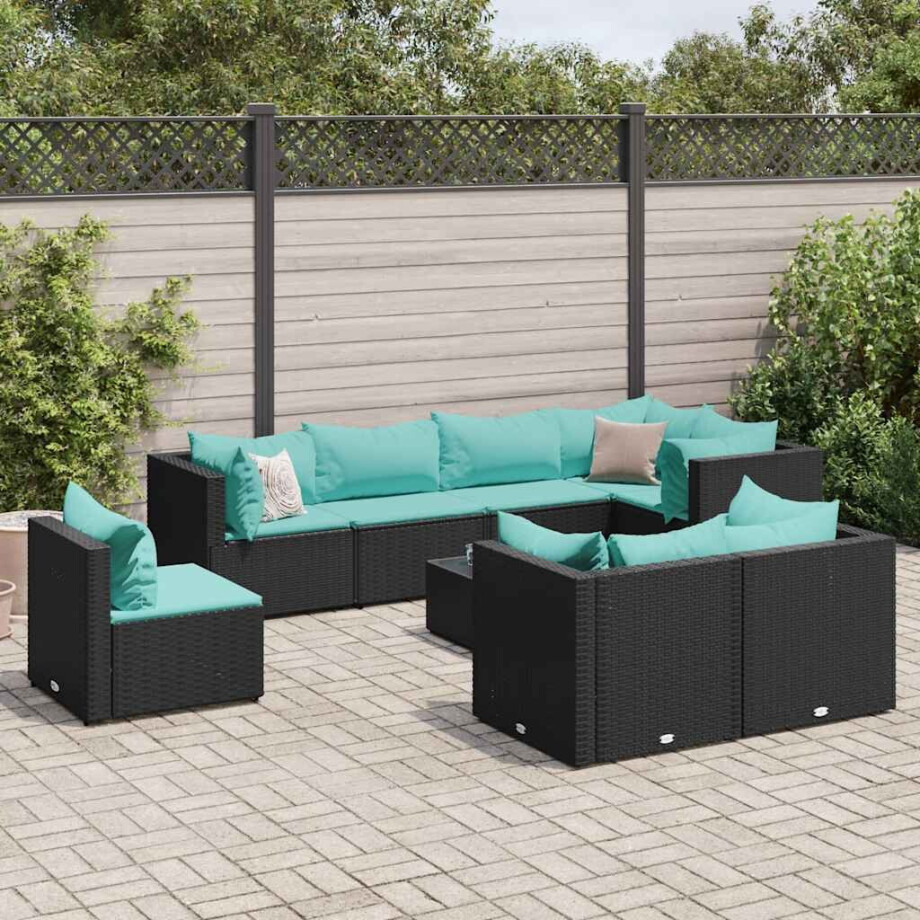 vidaXL 9-delige Loungeset met kussens poly rattan zwart afbeelding 1
