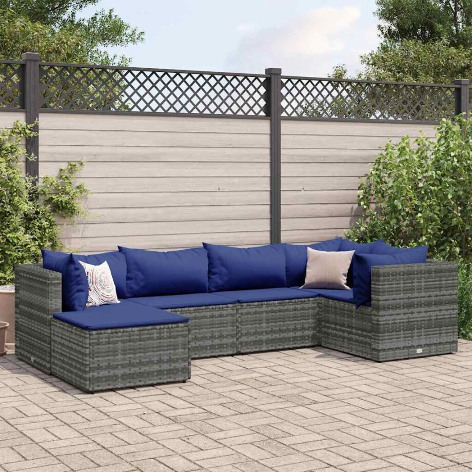 vidaXL 6-delige Loungeset met kussens poly rattan grijs afbeelding 1
