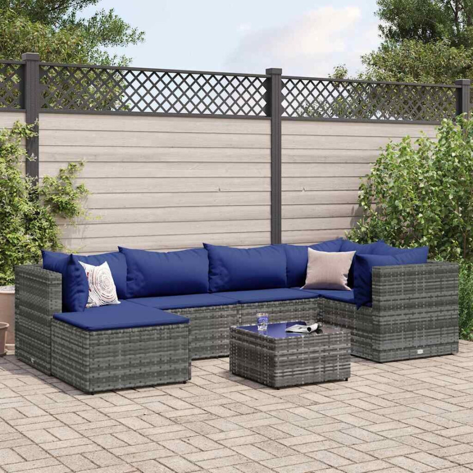 vidaXL 7-delige Loungeset met kussens poly rattan grijs vidaXL 7-delige Loungeset met kussens poly rattan grijs afbeelding 1