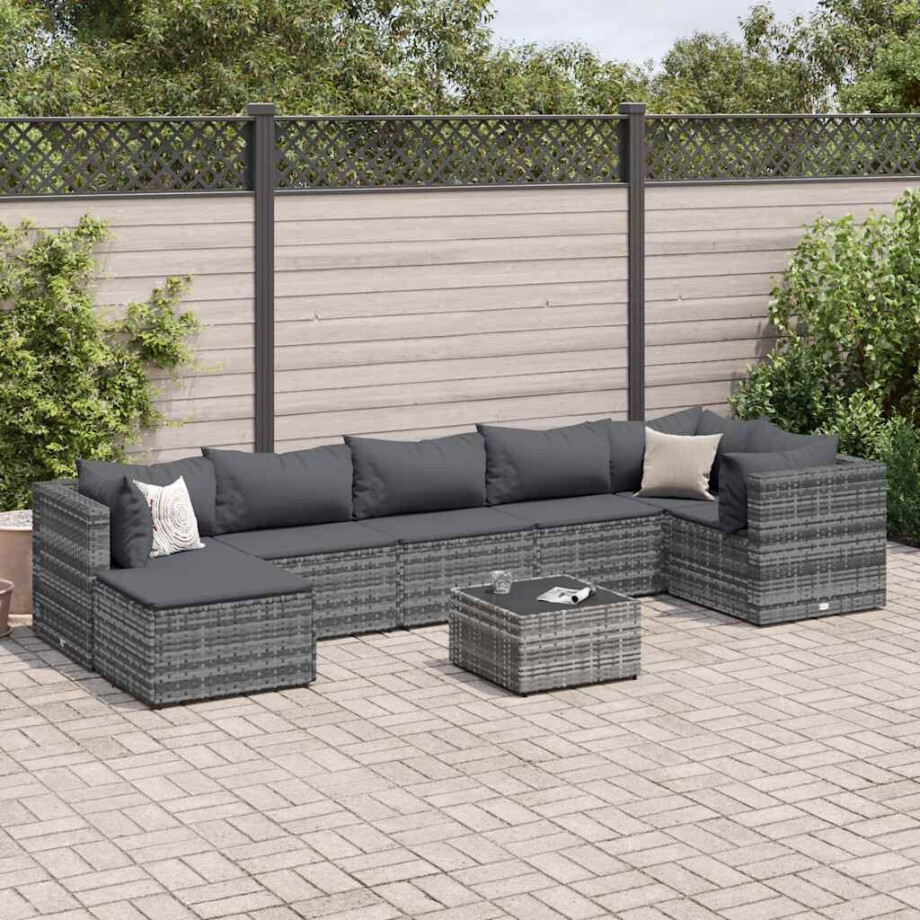 vidaXL 8-delige Loungeset met kussens poly rattan grijs vidaXL 8-delige Loungeset met kussens poly rattan grijs afbeelding 1