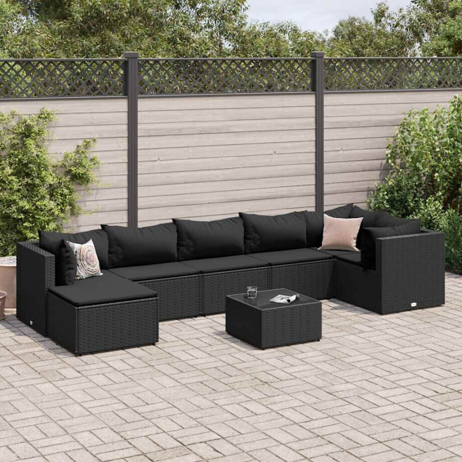 vidaXL 8-delige Loungeset met kussens poly rattan zwart afbeelding 1