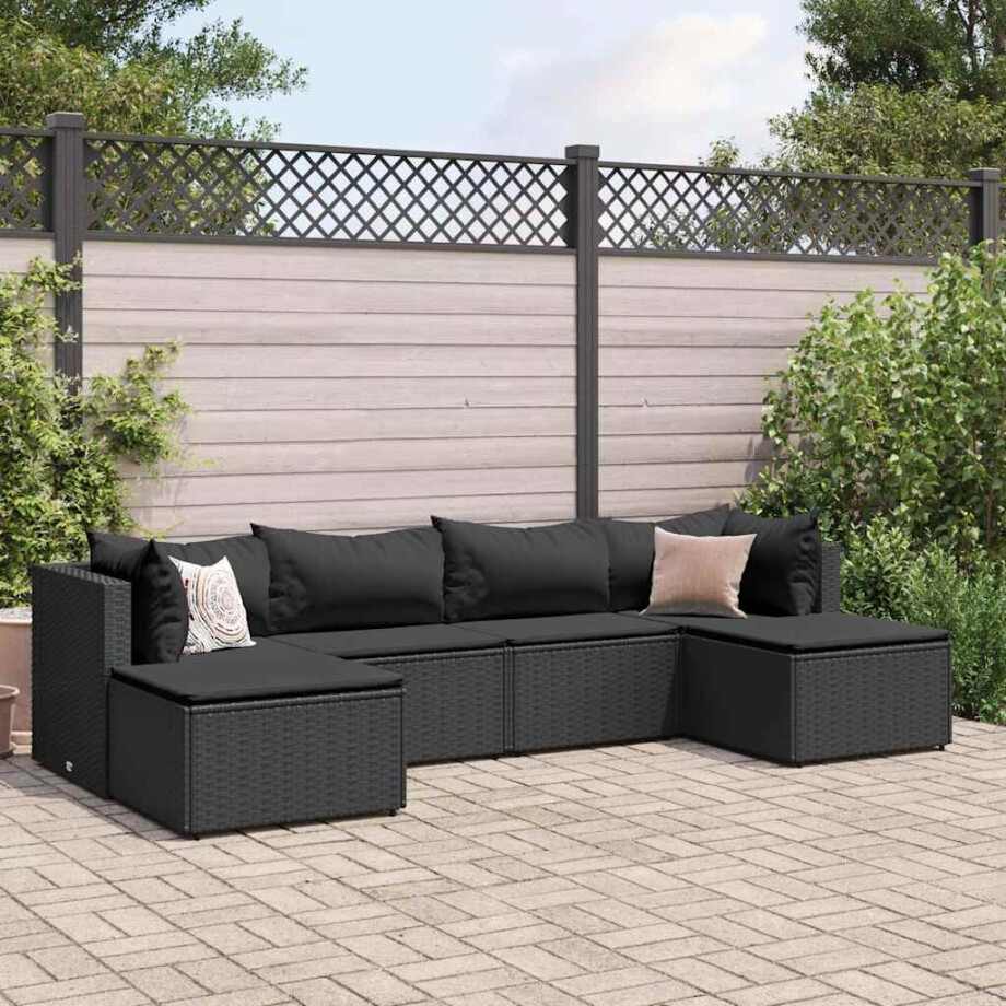 vidaXL 6-delige Loungeset met kussens poly rattan zwart vidaXL 6-delige Loungeset met kussens poly rattan zwart afbeelding 1