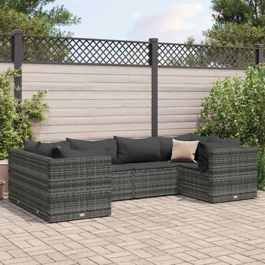 vidaXL 6-delige Loungeset met kussens poly rattan grijs afbeelding 1