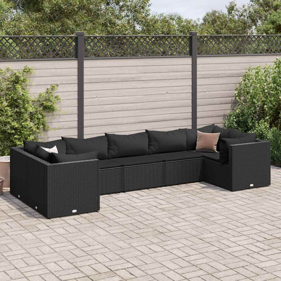 vidaXL 7-delige Loungeset met kussens poly rattan zwart vidaXL 7-delige Loungeset met kussens poly rattan zwart afbeelding 1