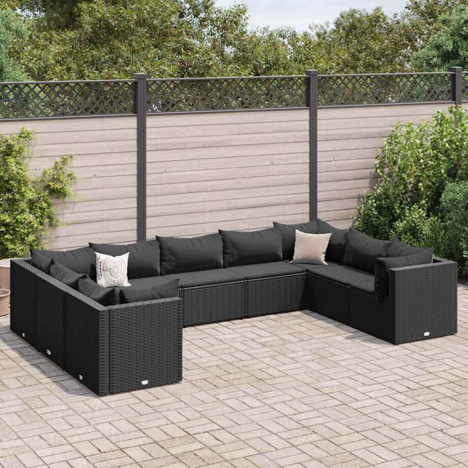 vidaXL 9-delige Loungeset met kussens poly rattan zwart afbeelding 1