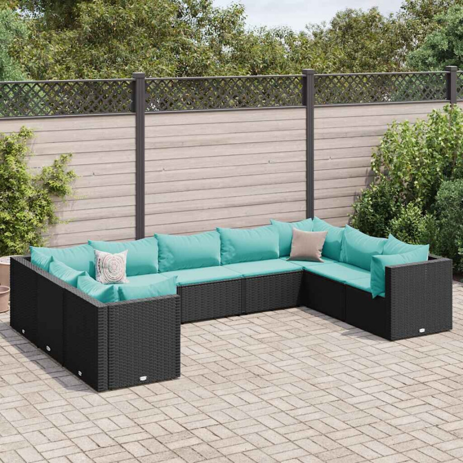 vidaXL 9-delige Loungeset met kussens poly rattan zwart afbeelding 1