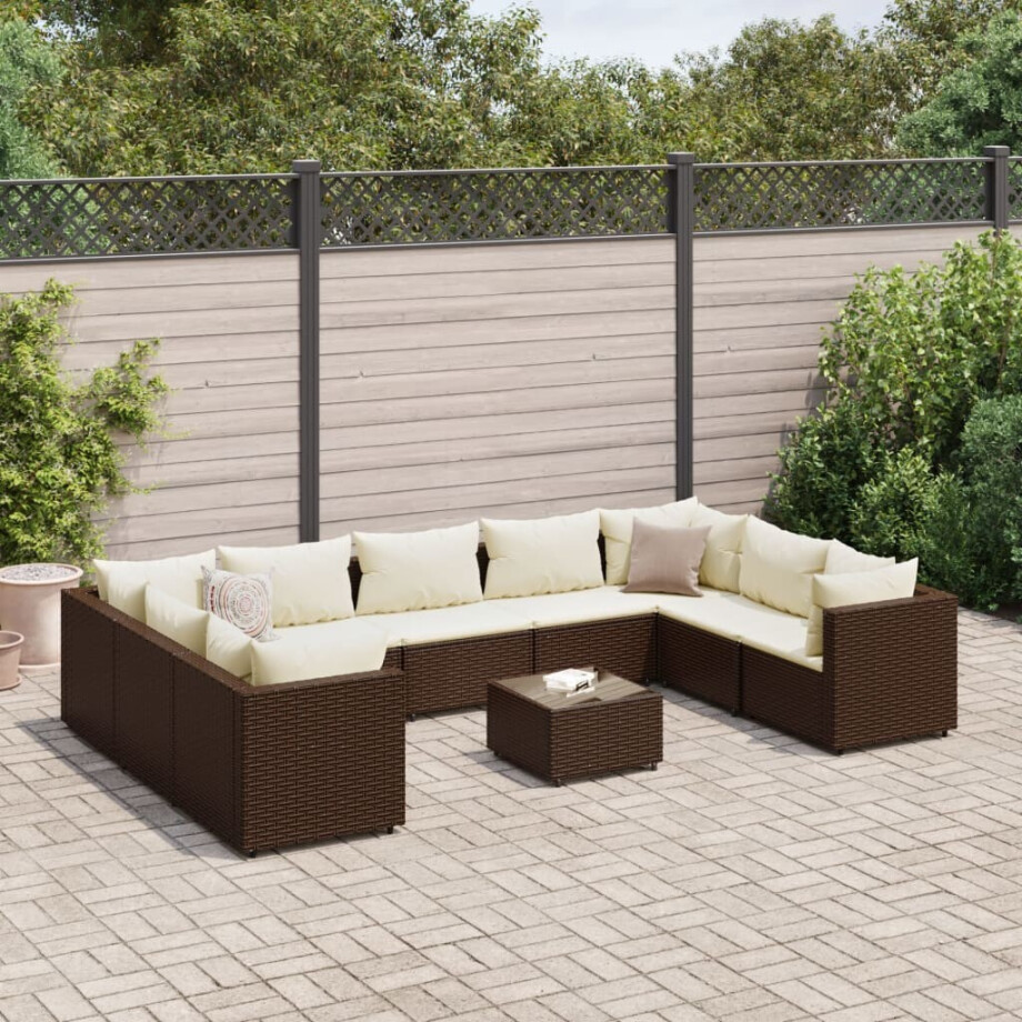 vidaXL 10-delige Loungeset met kussens poly rattan bruin afbeelding 1