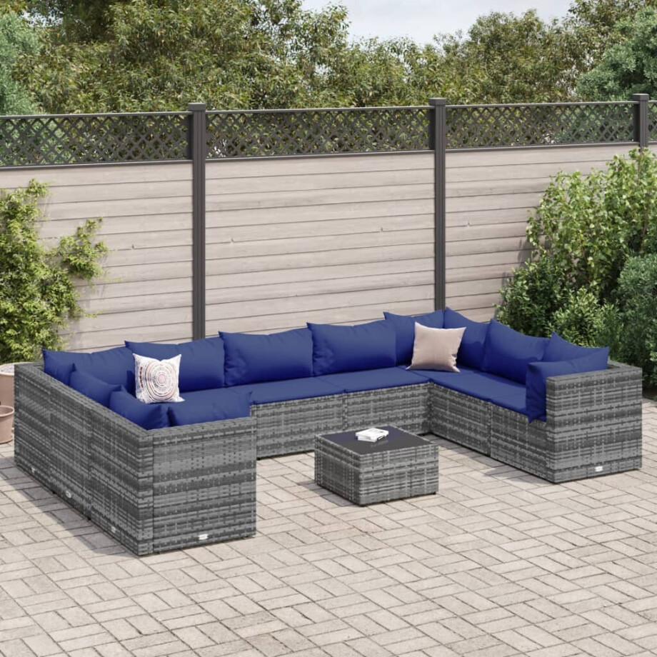 vidaXL 10-delige Loungeset met kussens poly rattan grijs afbeelding 1