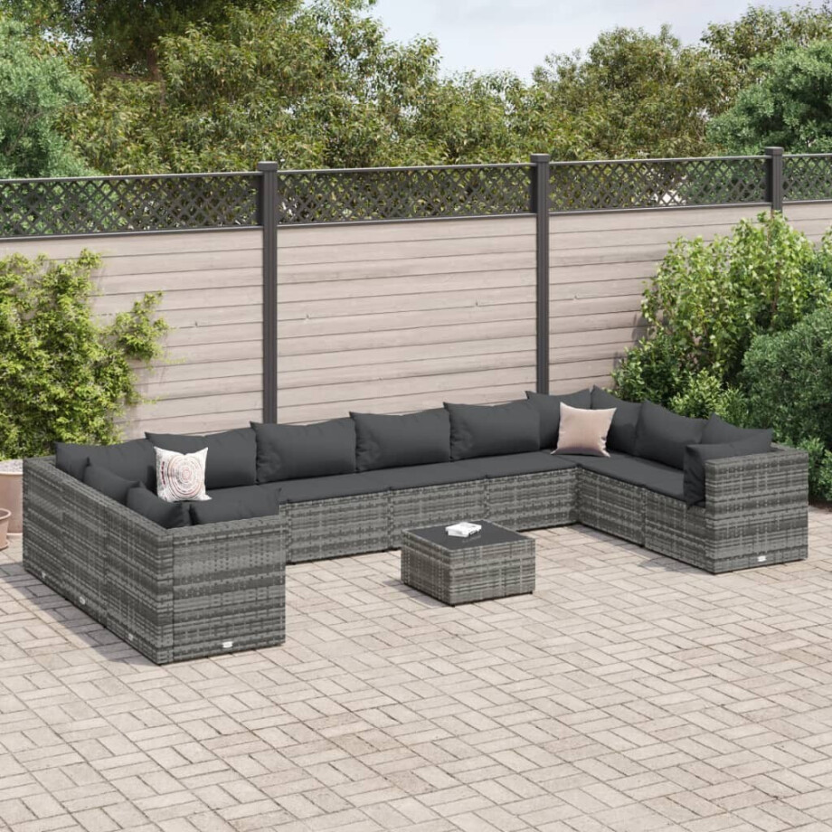 vidaXL 11-delige Loungeset met kussens poly rattan grijs afbeelding 1