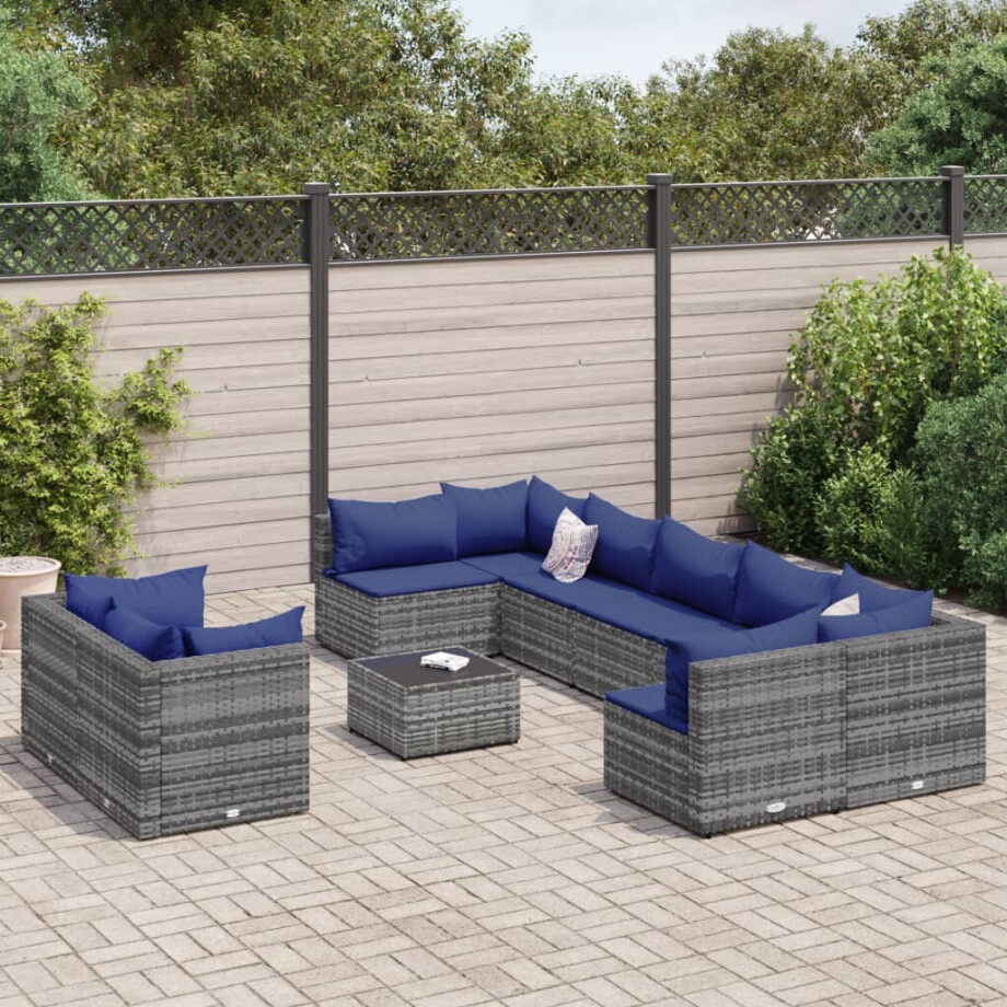 vidaXL 10-delige Loungeset met kussens poly rattan grijs vidaXL 10-delige Loungeset met kussens poly rattan grijs afbeelding 1