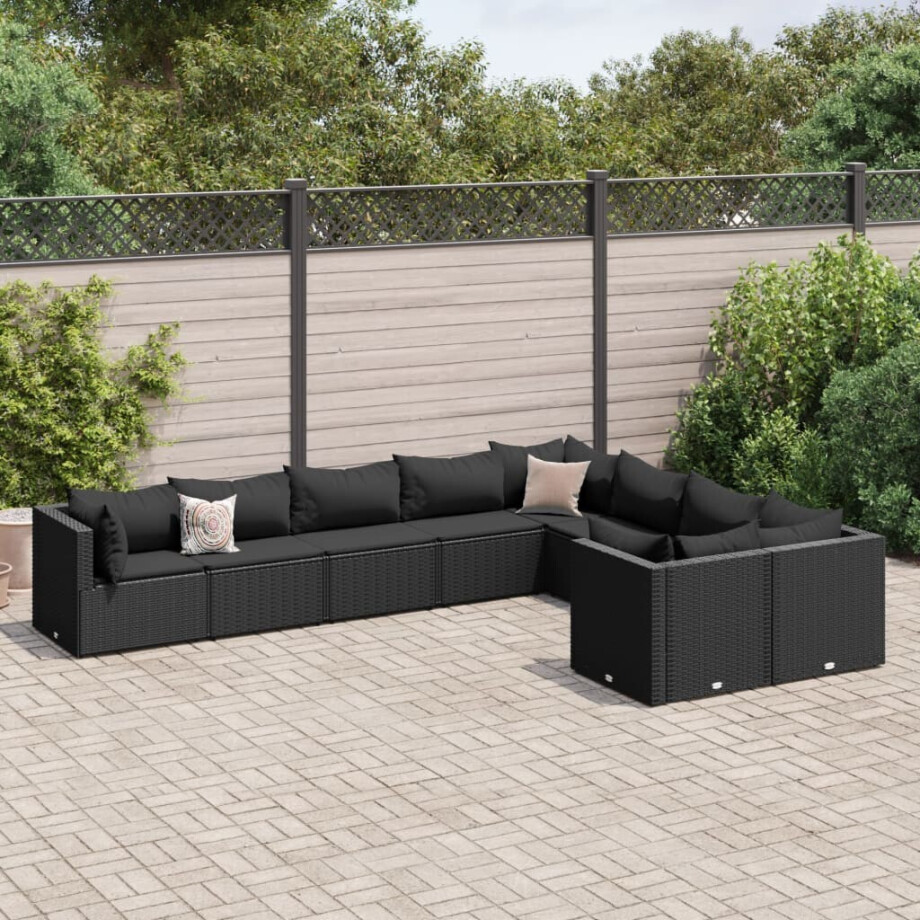 vidaXL 9-delige Loungeset met kussens poly rattan zwart afbeelding 1