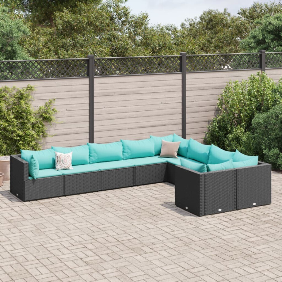 vidaXL 9-delige Loungeset met kussens poly rattan zwart afbeelding 1