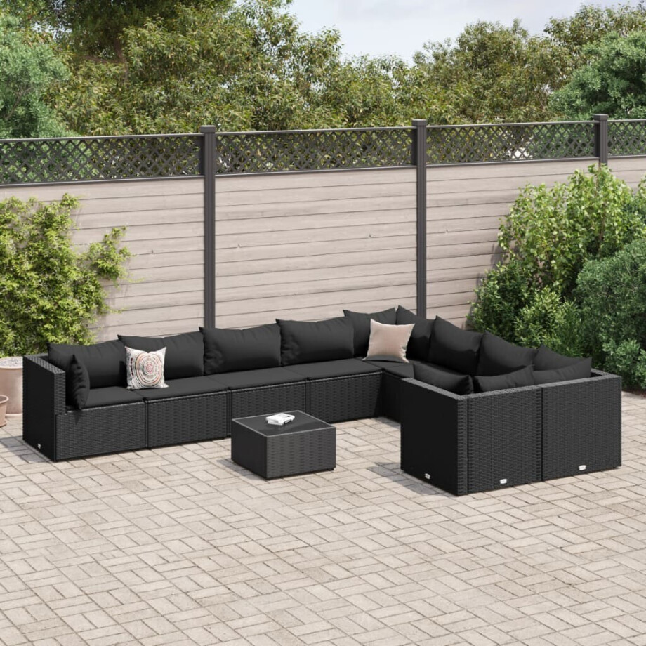 vidaXL 10-delige Loungeset met kussens poly rattan zwart afbeelding 1