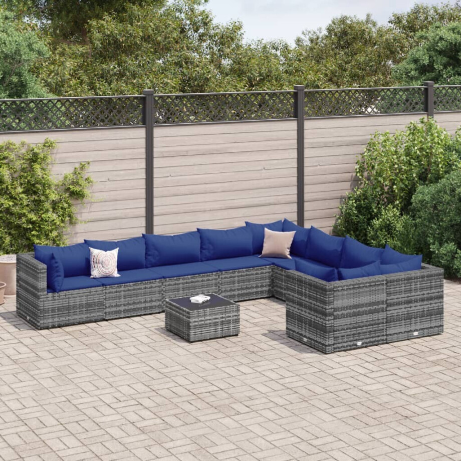 vidaXL 10-delige Loungeset met kussens poly rattan grijs afbeelding 1