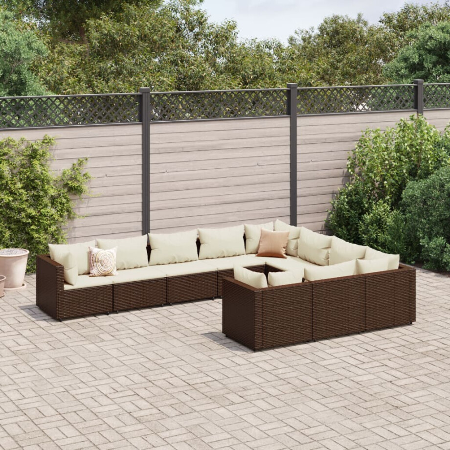 vidaXL 10-delige Loungeset met kussens poly rattan bruin afbeelding 1