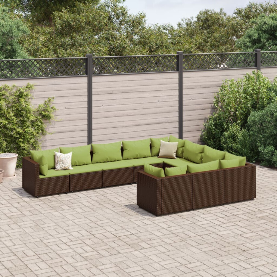 vidaXL 10-delige Loungeset met kussens poly rattan bruin afbeelding 1
