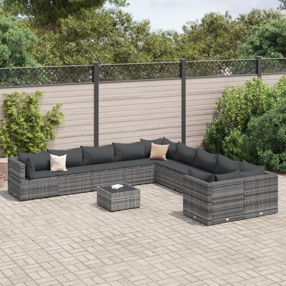 vidaXL 11-delige Loungeset met kussens poly rattan grijs afbeelding 1