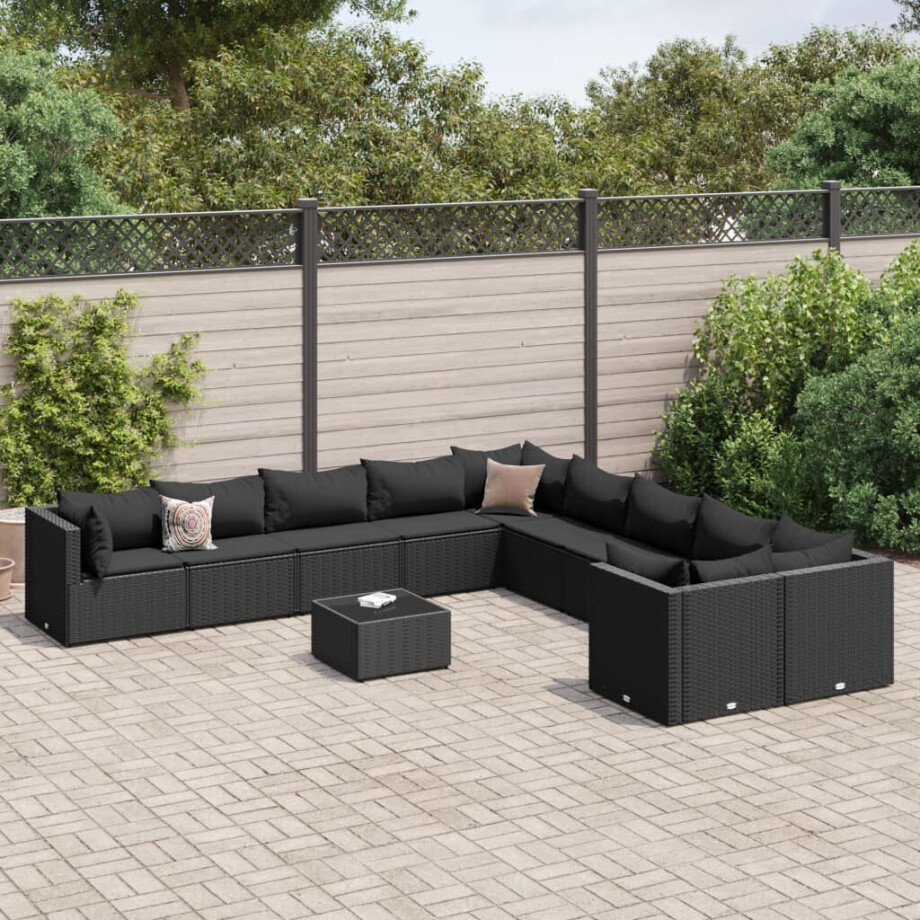 vidaXL 11-delige Loungeset met kussens poly rattan zwart afbeelding 1