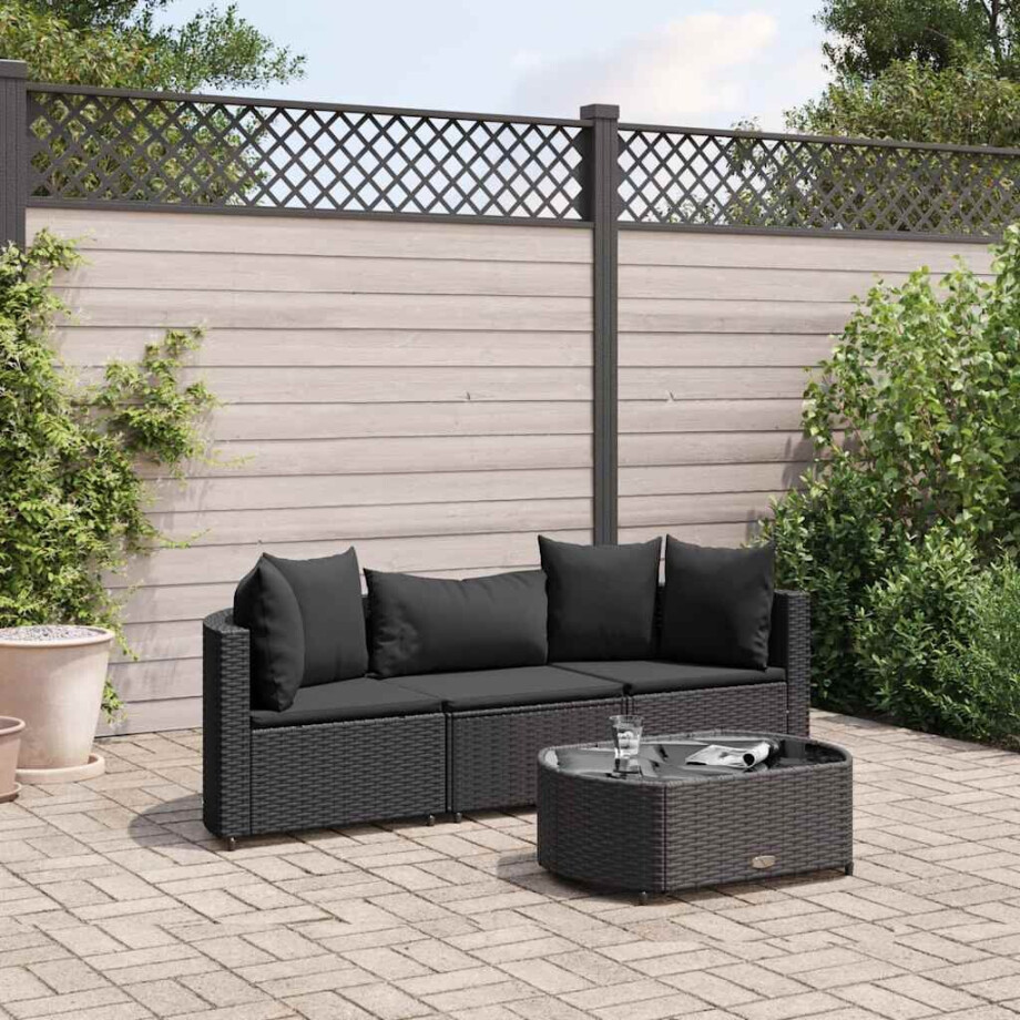 vidaXL 4-delige Loungeset met kussens poly rattan zwart afbeelding 1