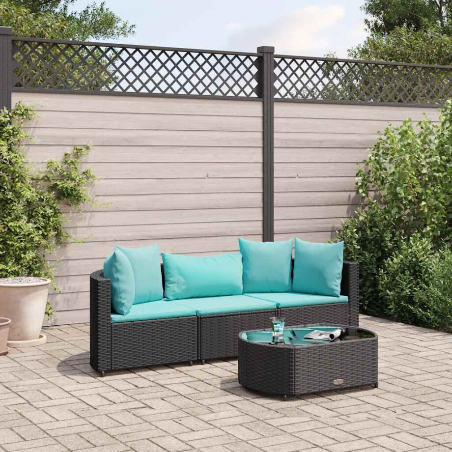 vidaXL 4-delige Loungeset met kussens poly rattan zwart vidaXL 4-delige Loungeset met kussens poly rattan zwart afbeelding 1