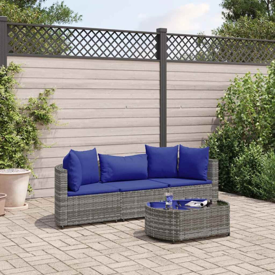 vidaXL 4-delige Loungeset met kussens poly rattan grijs afbeelding 1