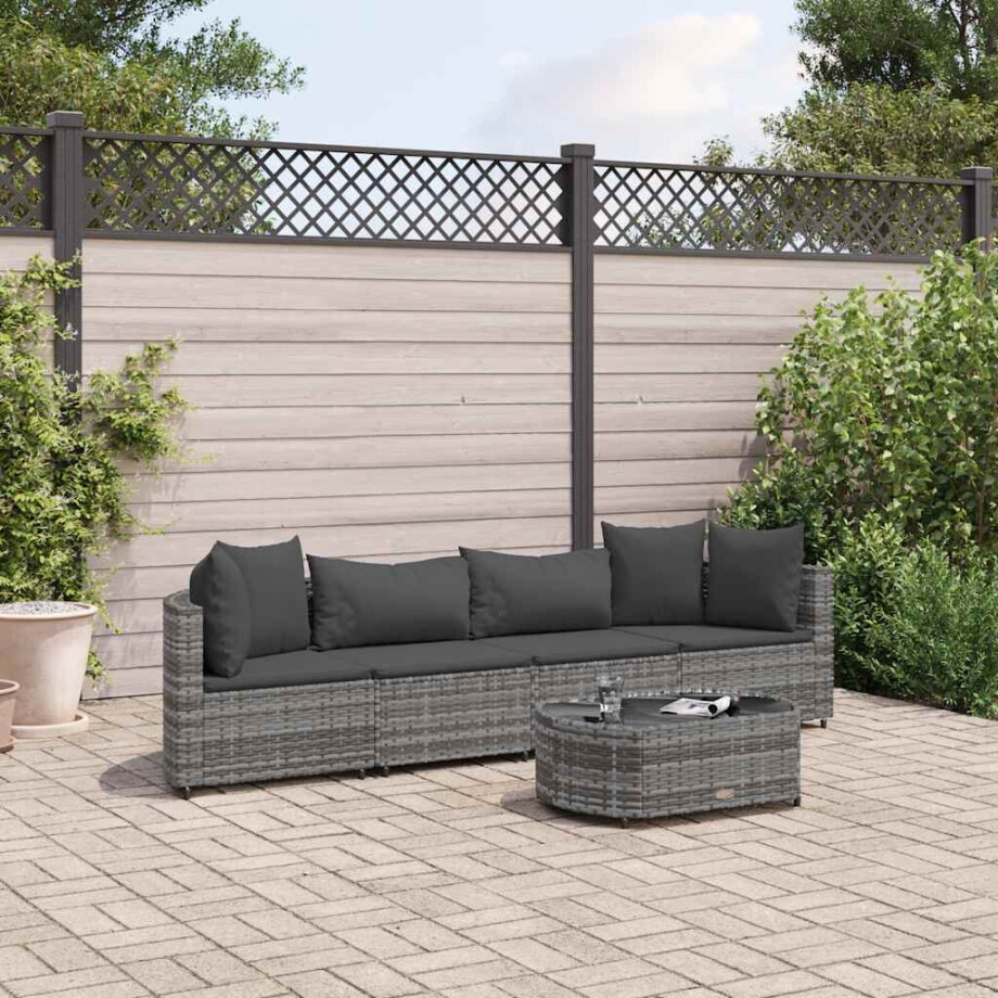 vidaXL 5-delige Loungeset met kussens poly rattan grijs afbeelding 1