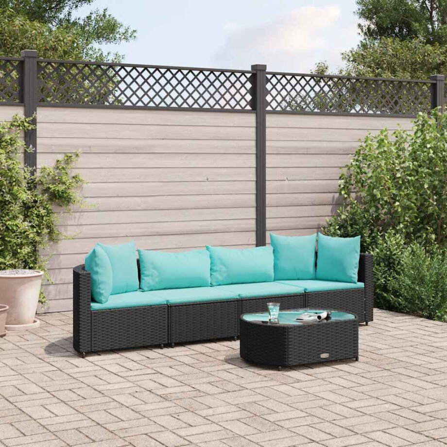 vidaXL 5-delige Loungeset met kussens poly rattan zwart vidaXL 5-delige Loungeset met kussens poly rattan zwart afbeelding 1